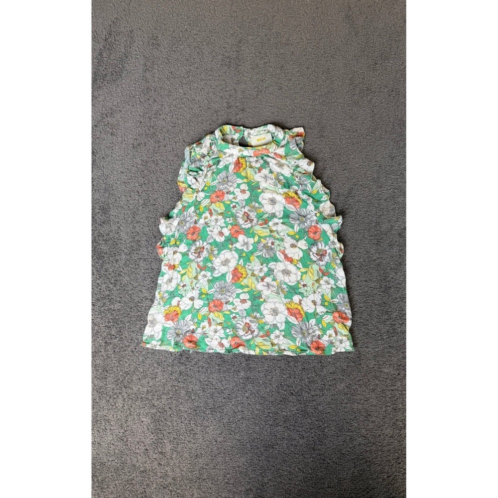 Maeve Anthropologie Green Floral Ruffle‎ Sleeveless Blouse XS Rayon High Neck